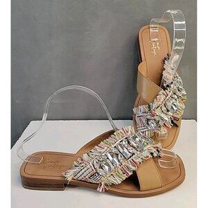 Crown Vintage Jeweled Slide Sandal, Women's Sz 7 Tan Leather and Colorful Fabric